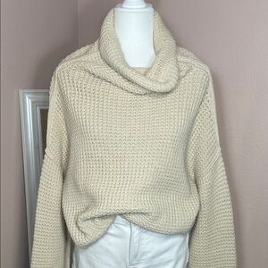 Free People Chunky Knit Crop Sweater Cream Turtleneck Oversized Boho M